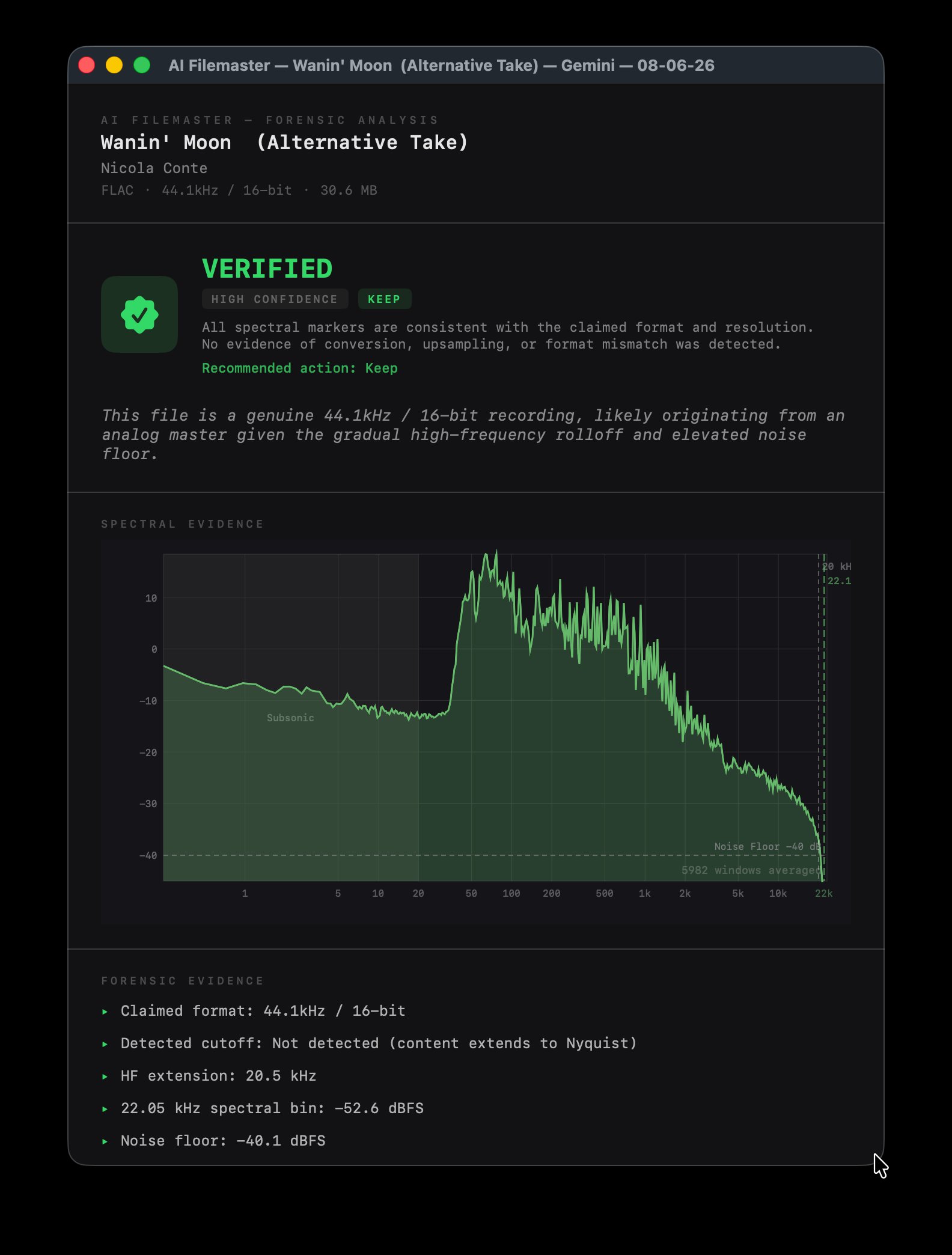 AI Filemaster — VERIFIED verdict with spectral evidence