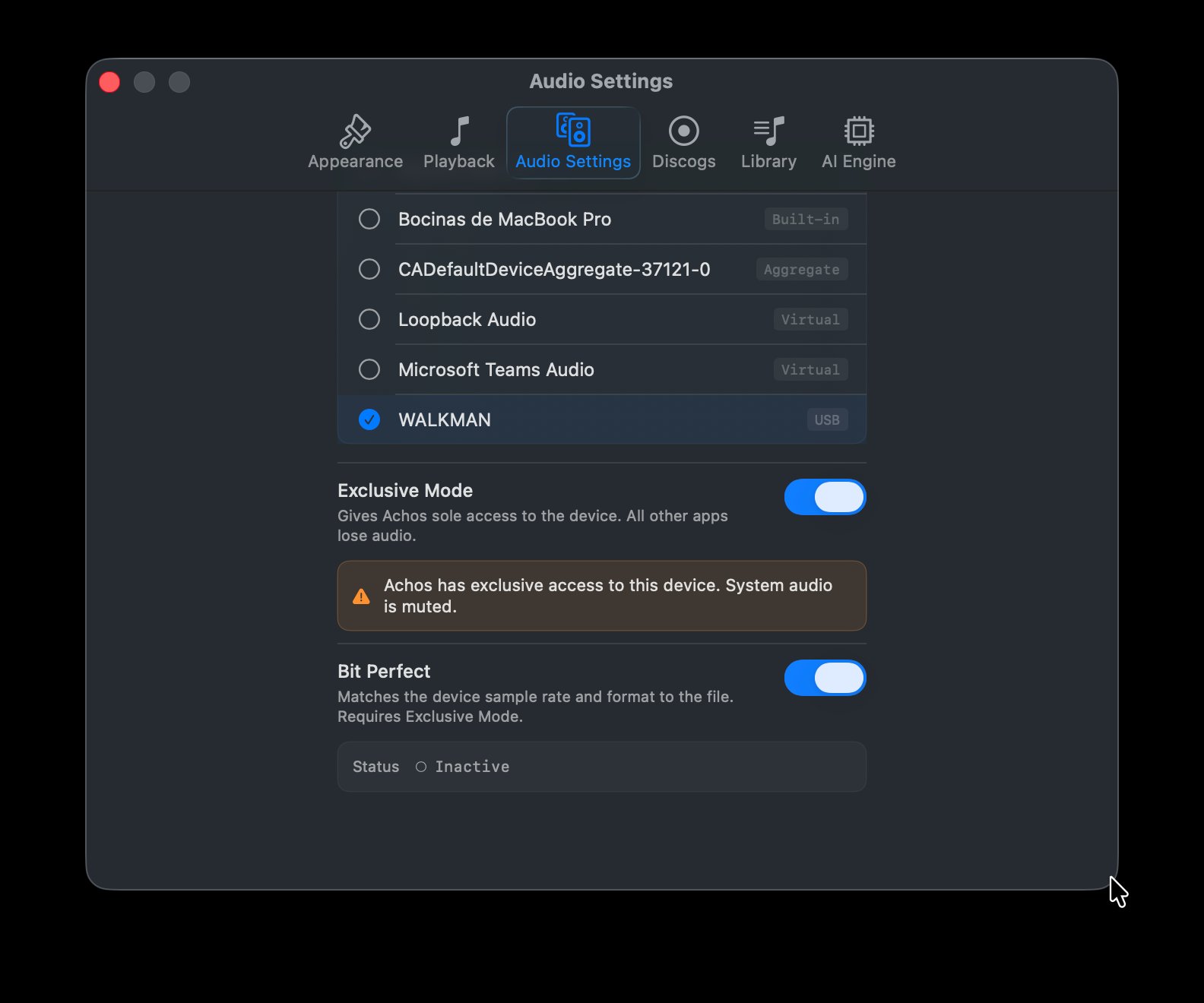 Audio Settings — Exclusive Mode and Bit Perfect enabled