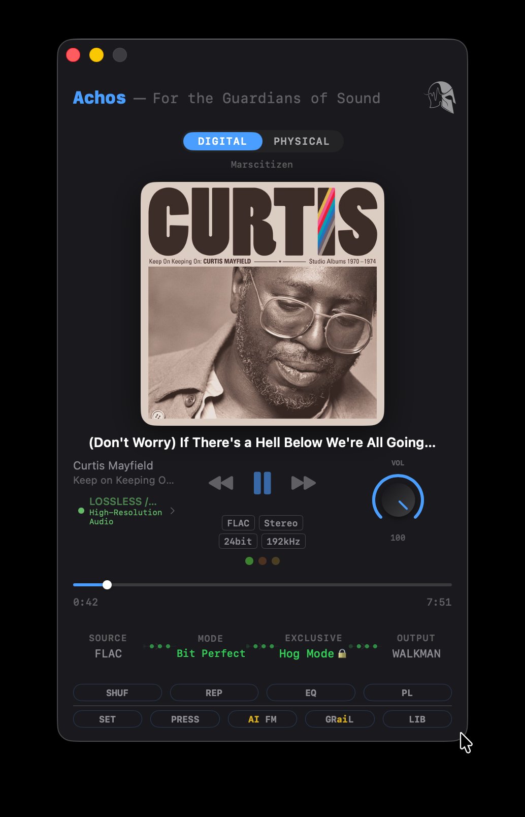 Achos playing Curtis Mayfield 24bit 192kHz in Hog Mode